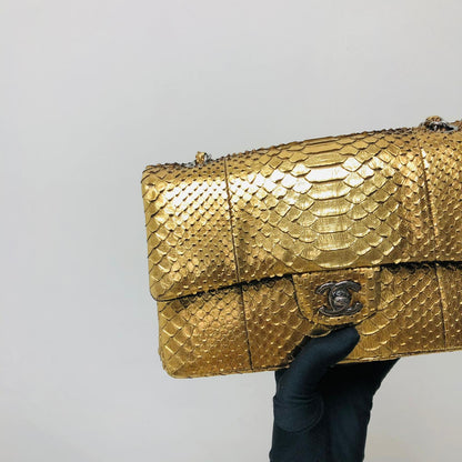 Classic Double Flap Gold M/L Python Bag with RHW