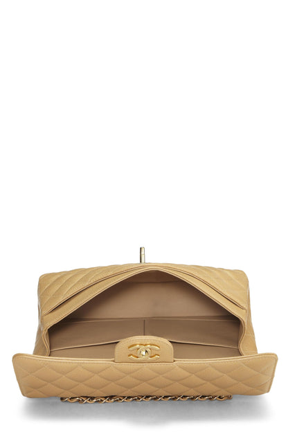 Chanel,  Beige Quilted Caviar Classic Double Flap Medium, Beige