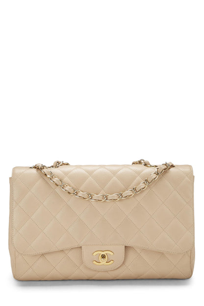 Chanel,  Beige Quilted Caviar New Classic Flap Jumbo, Beige