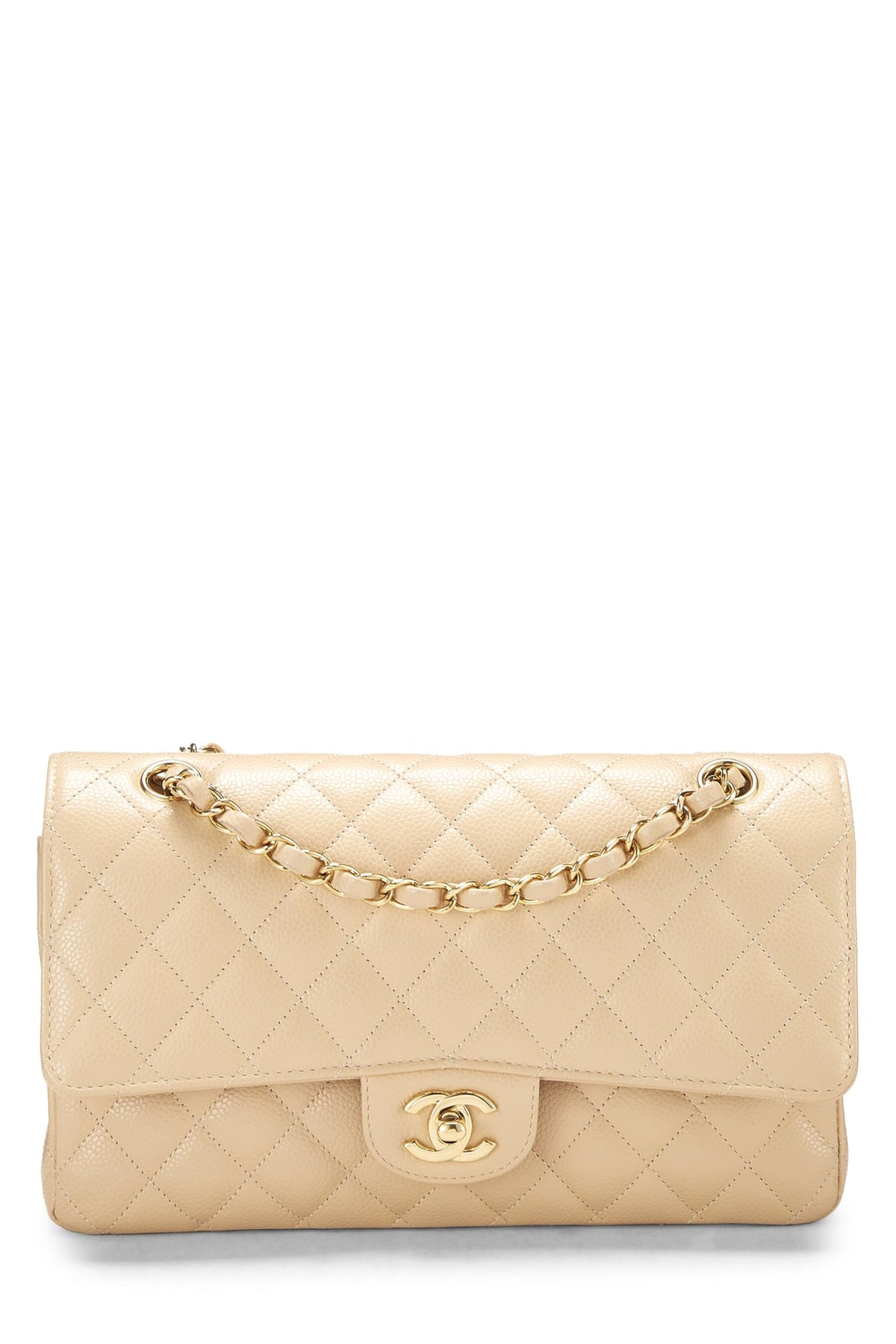 Chanel,  Beige Quilted Caviar Classic Double Flap Medium, Beige