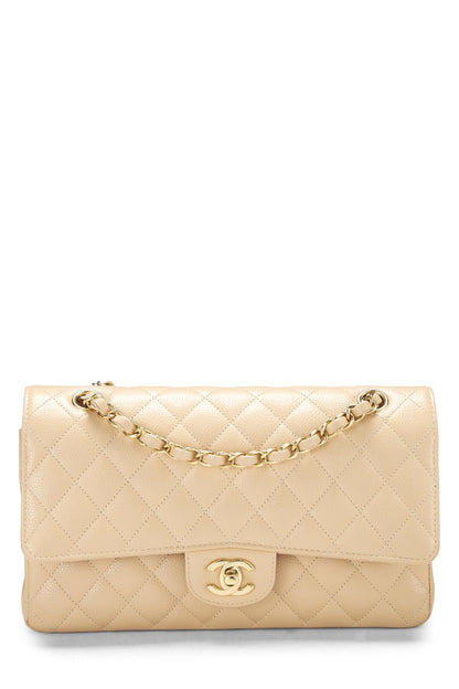 Chanel,  Beige Quilted Caviar Classic Double Flap Medium, Beige