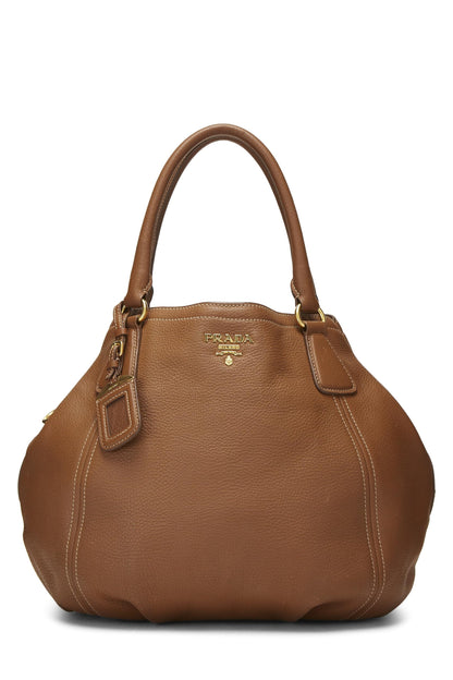 Prada,  Brown Vitello Daino Convertible Handbag Medium, Brown