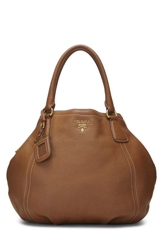 Prada,  Brown Vitello Daino Convertible Handbag Medium, Brown