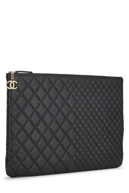 Chanel,  Black Quilted Lambskin O Case Zip Pouch Large, Black