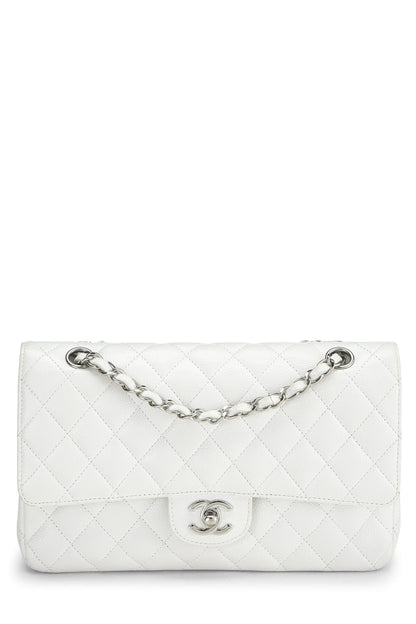Chanel,  White Quilted Caviar Classic Double Flap Medium, White