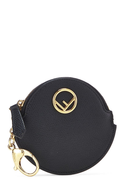 Fendi,  Black Leather Round Coin Purse, Black