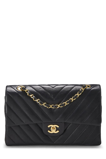 Chanel,  Black Chevron Lambskin Classic Double Flap Medium, Black