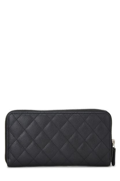 Chanel,  Black Quilted Caviar Zip Around Wallet, Black