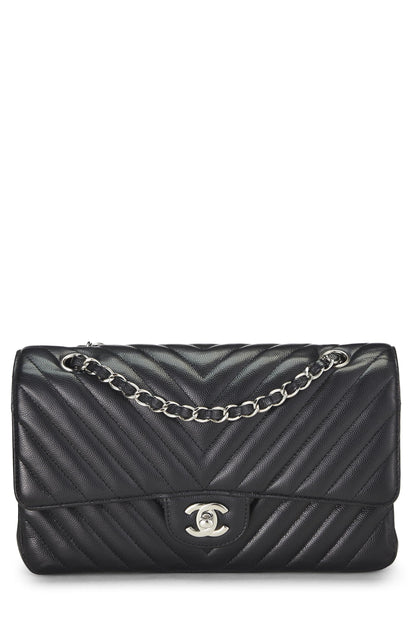 Chanel,  Black Chevron Caviar Classic Double Flap Medium, Black