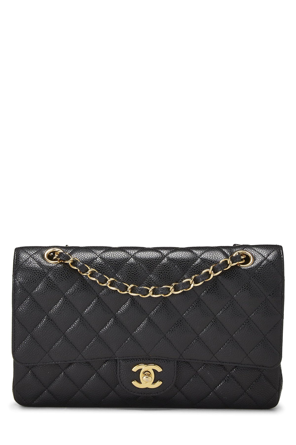 Chanel,  Black Quilted Caviar Classic Double Flap Medium, Black