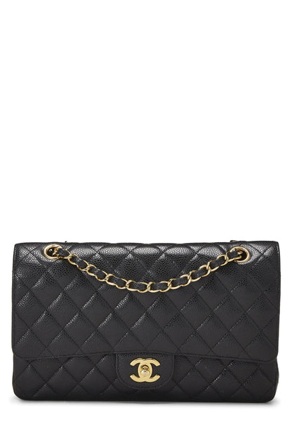 Chanel,  Black Quilted Caviar Classic Double Flap Medium, Black