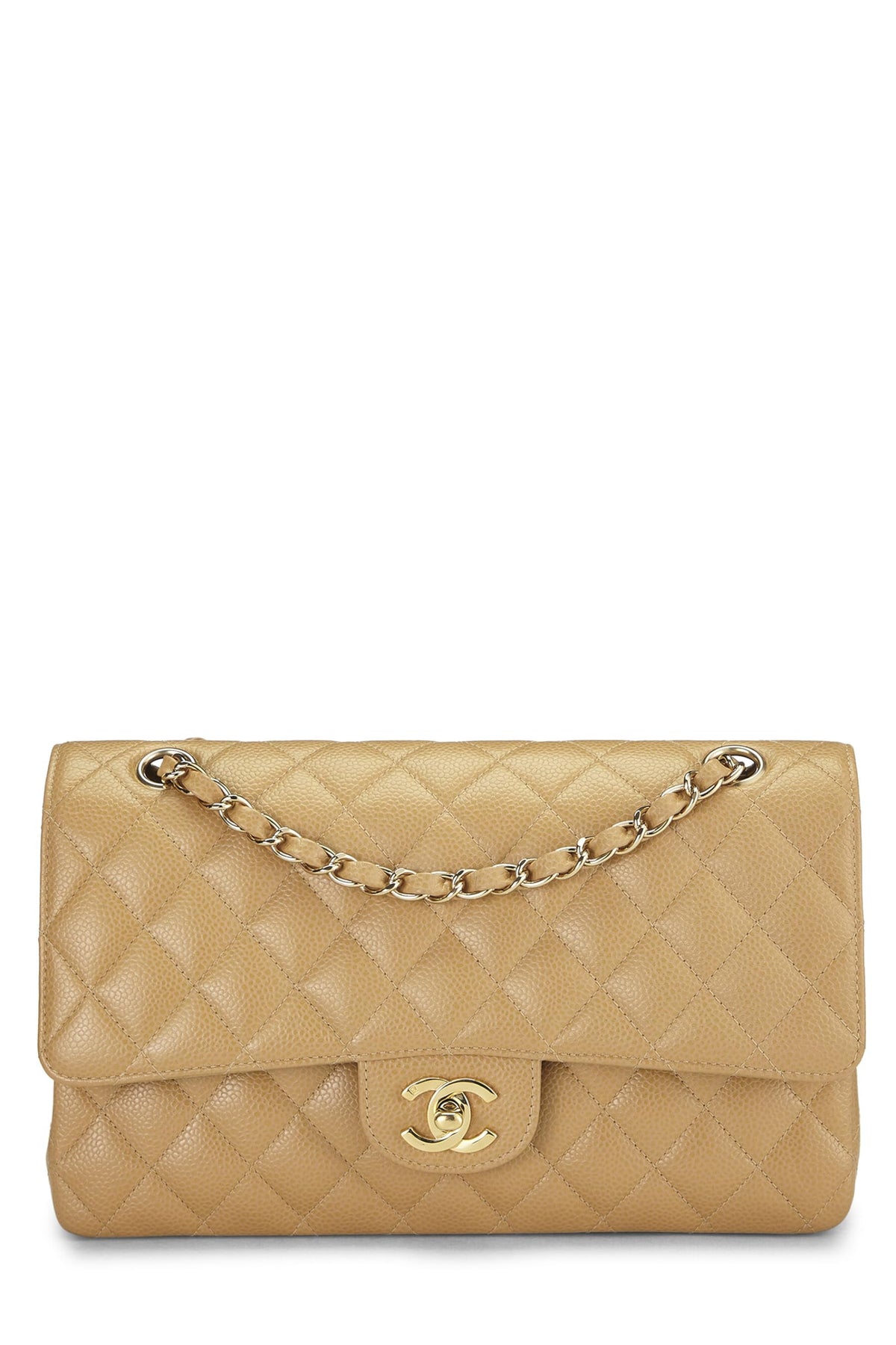 Chanel,  Beige Quilted Caviar Classic Double Flap Medium, Beige