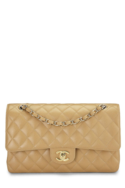 Chanel,  Beige Quilted Caviar Classic Double Flap Medium, Beige