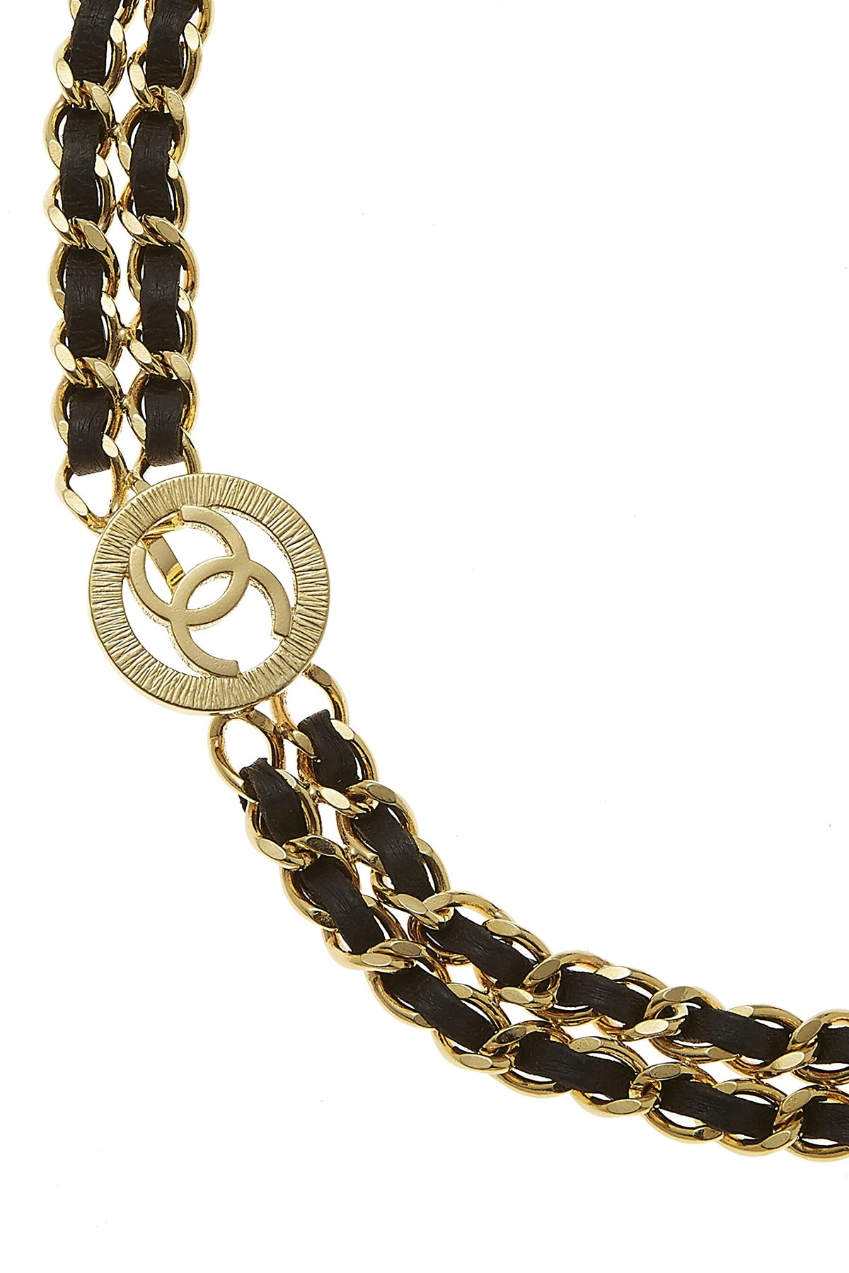 Chanel,  Gold & Black Leather Sunburst Double Chain Belt, Black