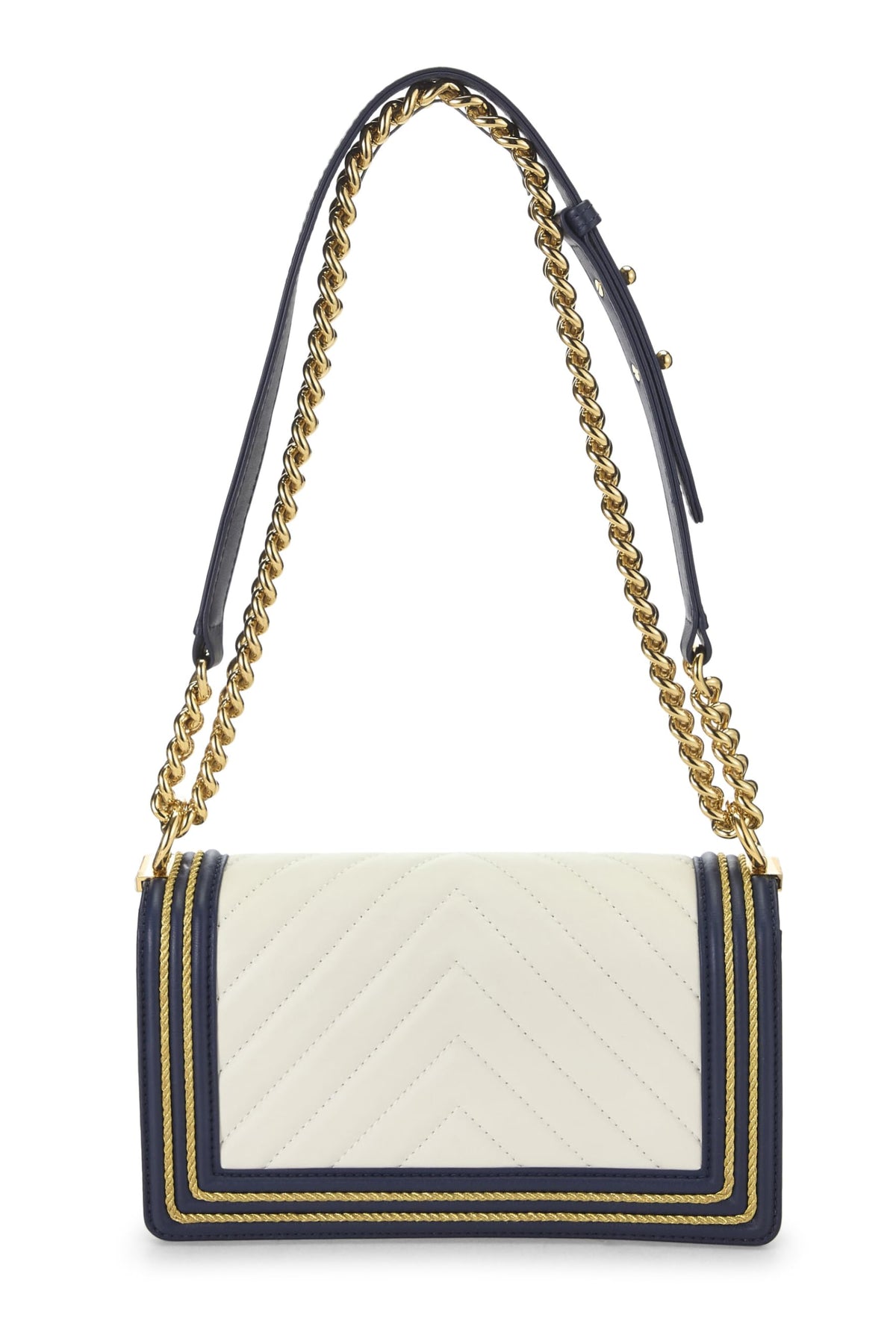 Chanel,  Navy Chevron Calfskin Border Boy Bag Medium, Navy