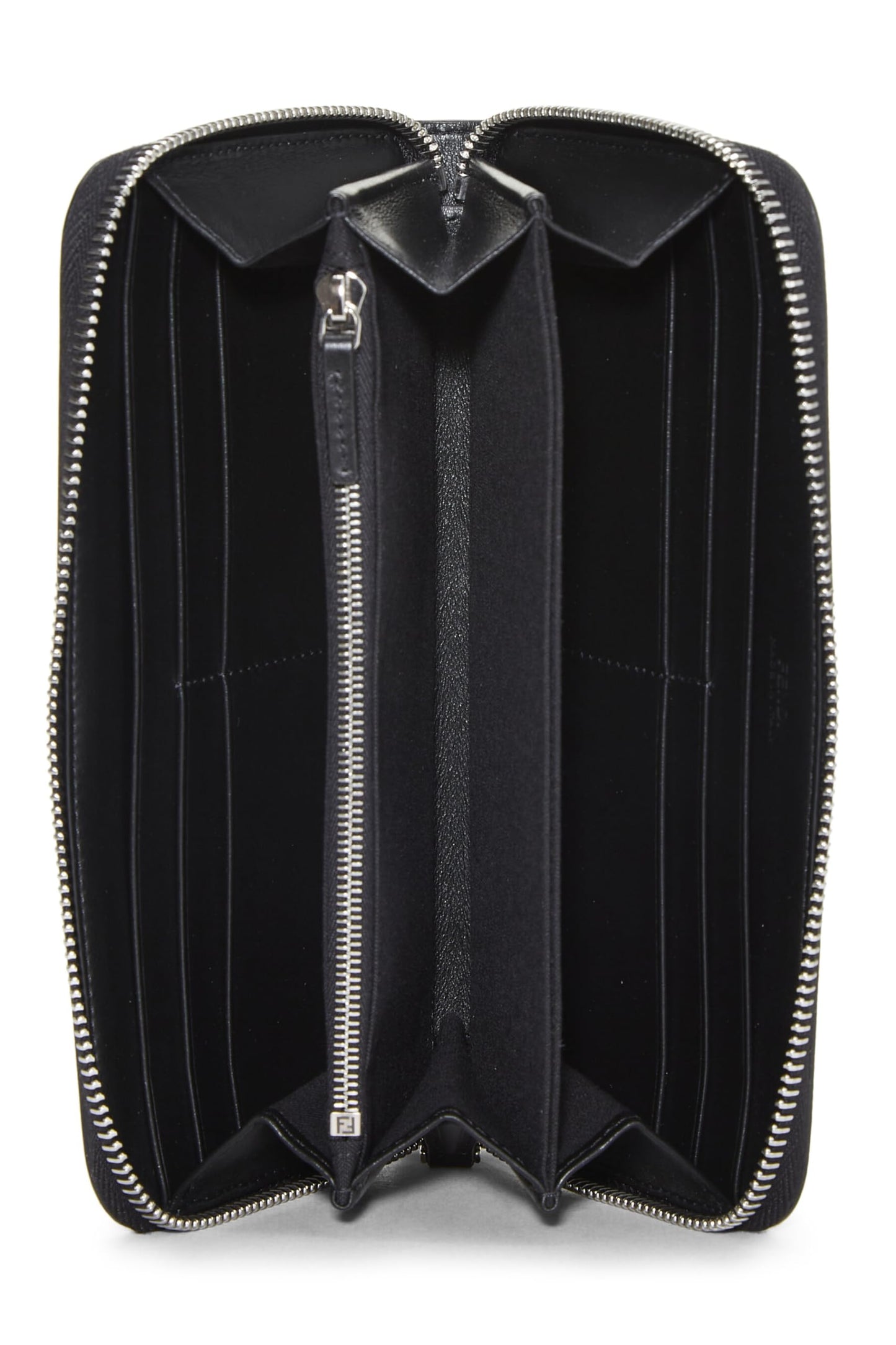 Fendi,  Black Zucca Leather Zip Around Wallet, Black