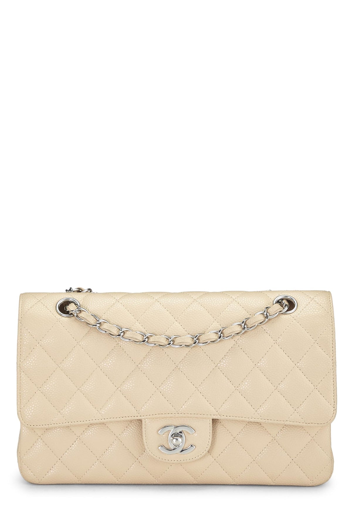 Chanel,  Beige Quilted Caviar Classic Double Flap Medium, Beige