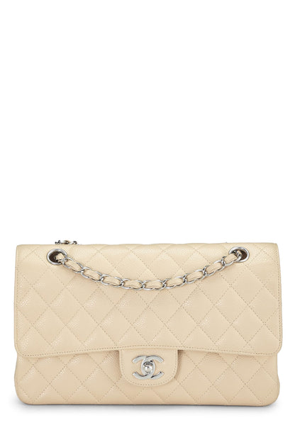 Chanel,  Beige Quilted Caviar Classic Double Flap Medium, Beige