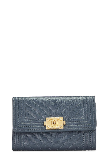 Chanel,  Blue Caviar Chevron Boy Coin Purse, Blue