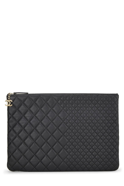 Chanel,  Black Quilted Lambskin O Case Zip Pouch Large, Black