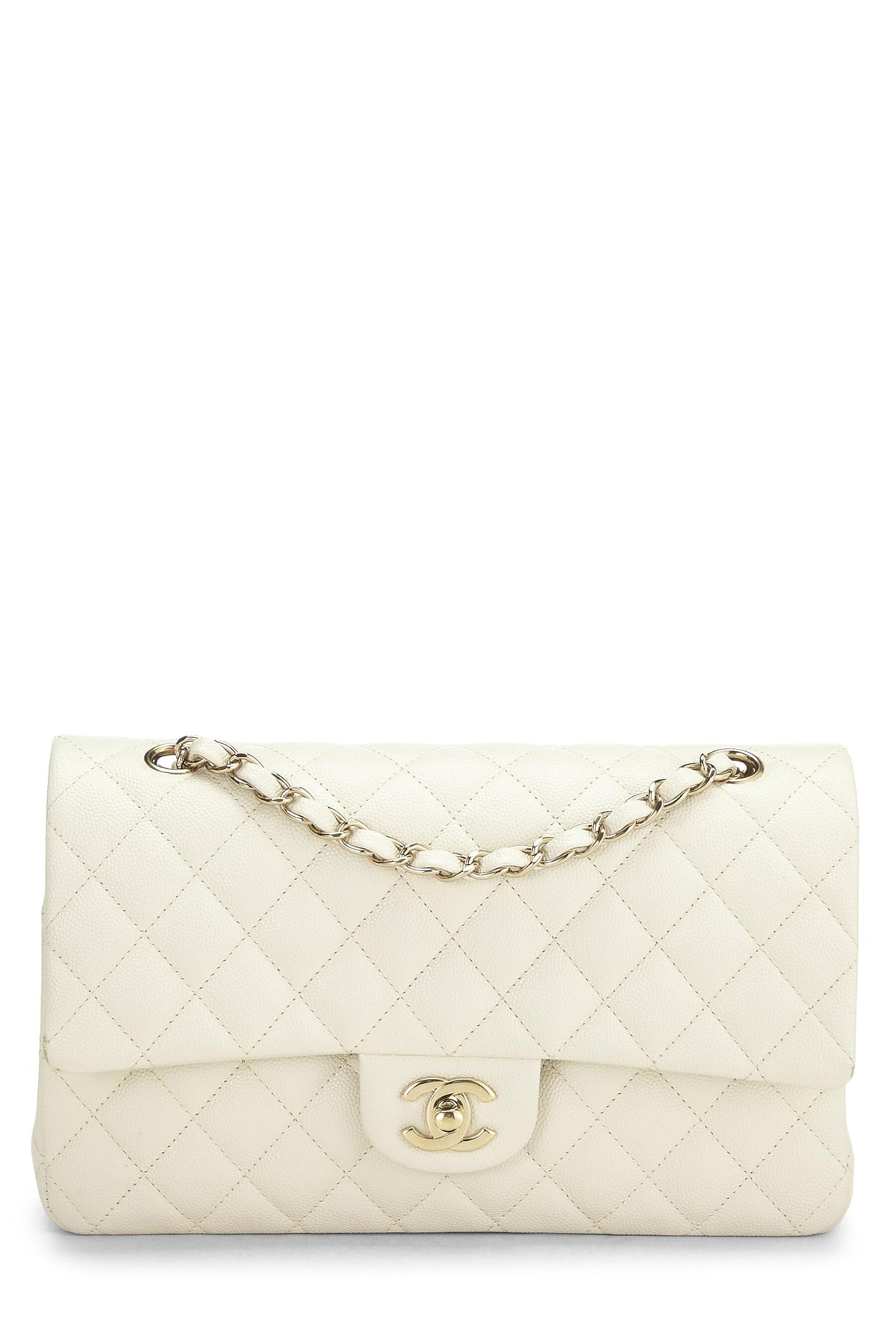 Chanel,  White Quilted Caviar Classic Double Flap Medium, White