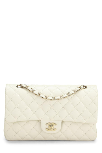 Chanel,  White Quilted Caviar Classic Double Flap Medium, White