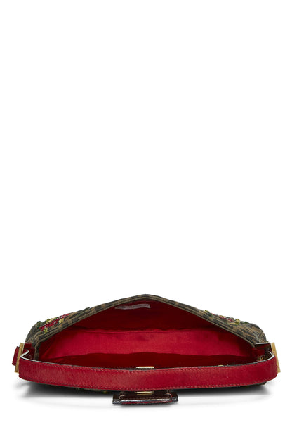 Fendi,  Brown Zucca Canvas Embroidered Baguette, Red