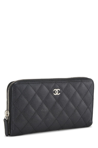 Chanel,  Black Quilted Caviar Zip Around Wallet, Black
