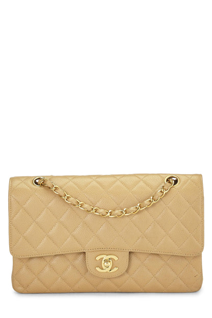 Chanel,  Beige Quilted Caviar Classic Double Flap Medium, Beige