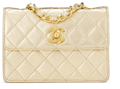 Chanel,  Metallic Gold Quilted Lambskin Half Flap Micro, Gold
