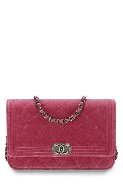 Chanel,  Pink Quilted Velvet Boy Wallet on Chain (WOC), Pink