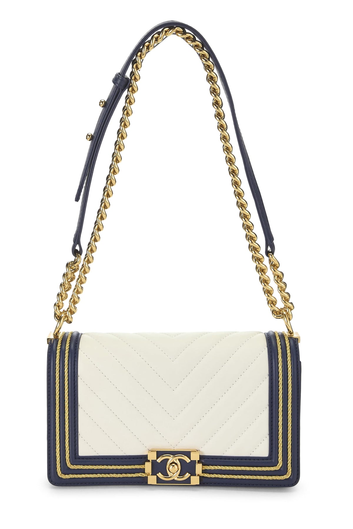 Chanel,  Navy Chevron Calfskin Border Boy Bag Medium, Navy