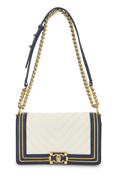 Chanel,  Navy Chevron Calfskin Border Boy Bag Medium, Navy