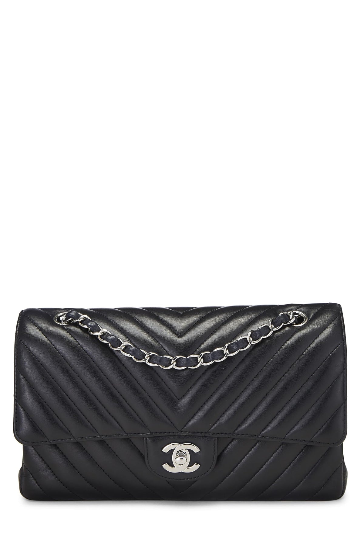 Chanel,  Black Chevron Lambskin Classic Double Flap Medium, Black