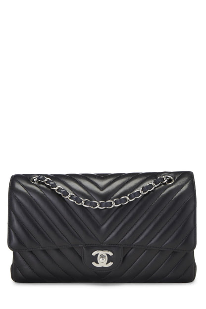 Chanel,  Black Chevron Lambskin Classic Double Flap Medium, Black