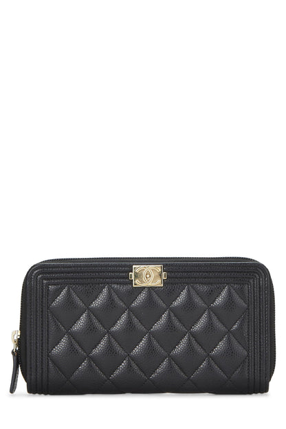 Chanel,  Black Quilted Caviar Boy Zip Around Wallet, Black