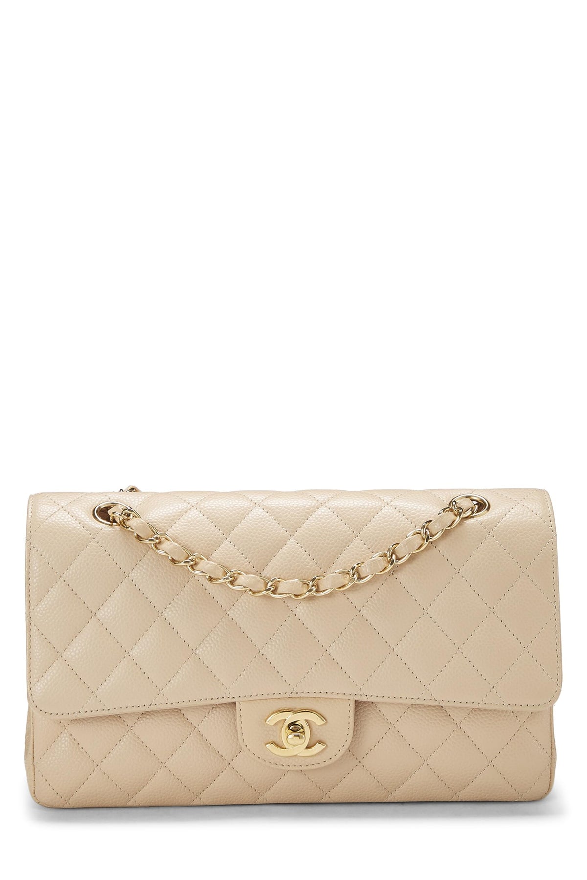 Chanel,  Beige Quilted Caviar Classic Double Flap Medium, Beige