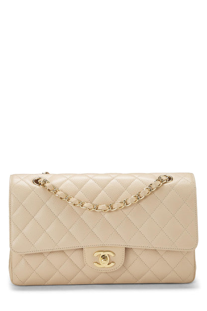 Chanel,  Beige Quilted Caviar Classic Double Flap Medium, Beige