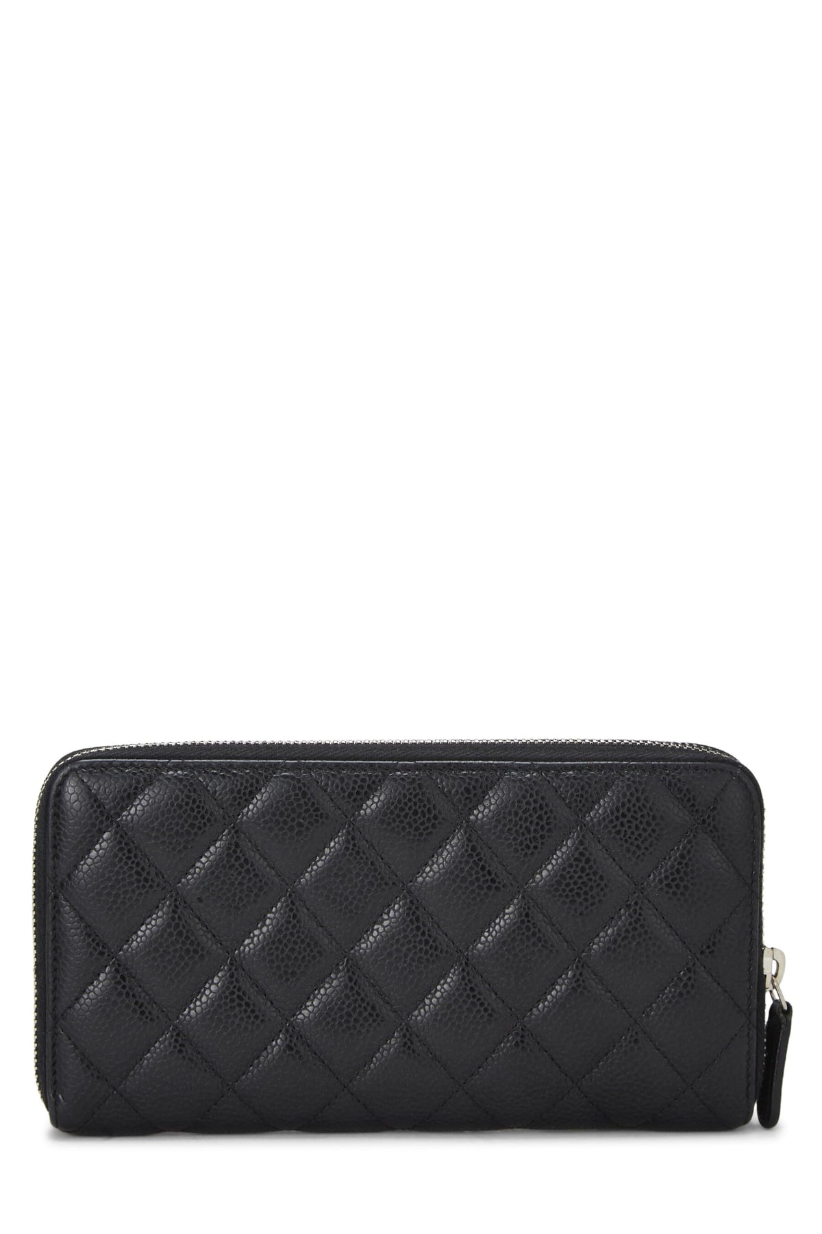 Chanel,  Black Quilted Caviar Zip Around Wallet, Black