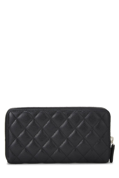 Chanel,  Black Quilted Caviar Zip Around Wallet, Black