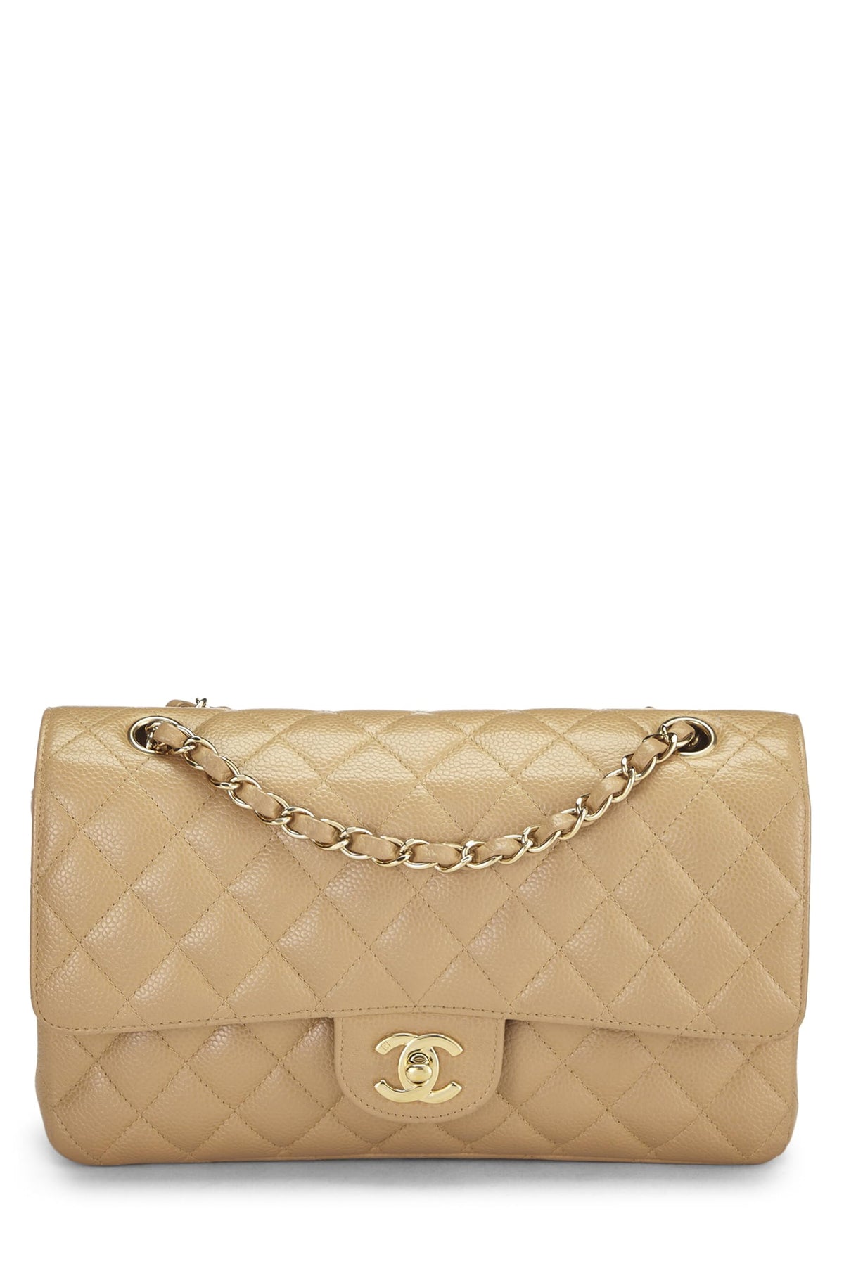 Chanel,  Beige Quilted Caviar Classic Double Flap Medium, Beige