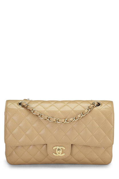 Chanel,  Beige Quilted Caviar Classic Double Flap Medium, Beige