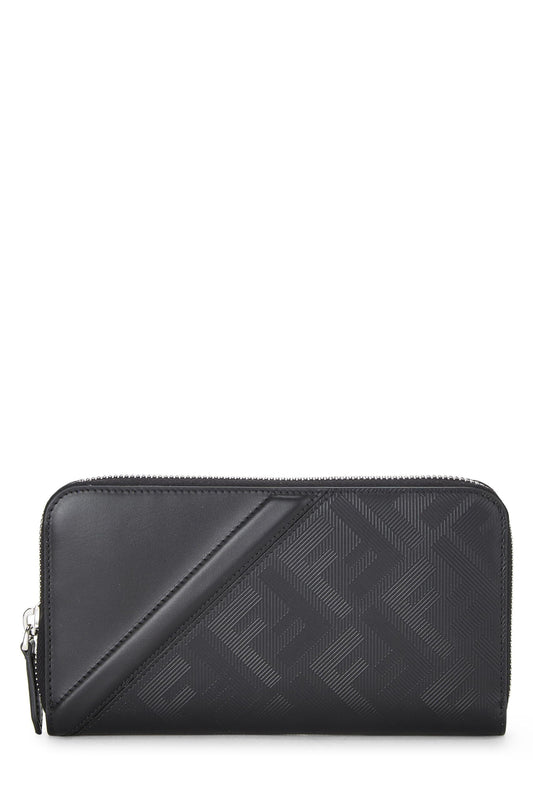 Fendi,  Black Zucca Leather Zip Around Wallet, Black