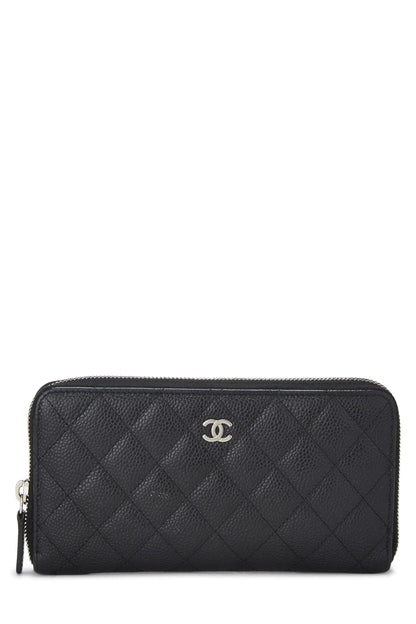 Chanel,  Black Quilted Caviar Zip Around Wallet, Black