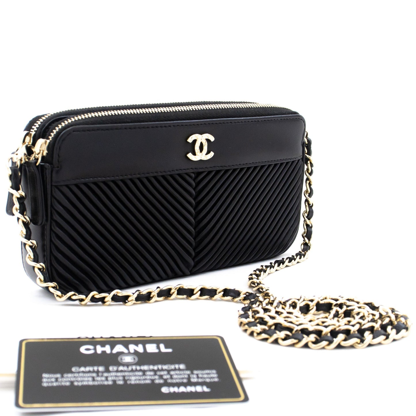 CHANEL V-Stitch Lambskin Wallet On Chain WOC Double Zip Chain Bag