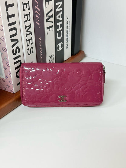 CHANEL Camellia Round Zipper Long Wallet Patent Leather Red #D