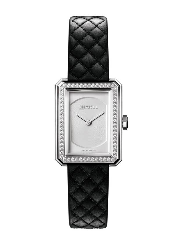 Boyfriend Calfskin Quilted Pattern Strap Small Watch Silver Black Chanel