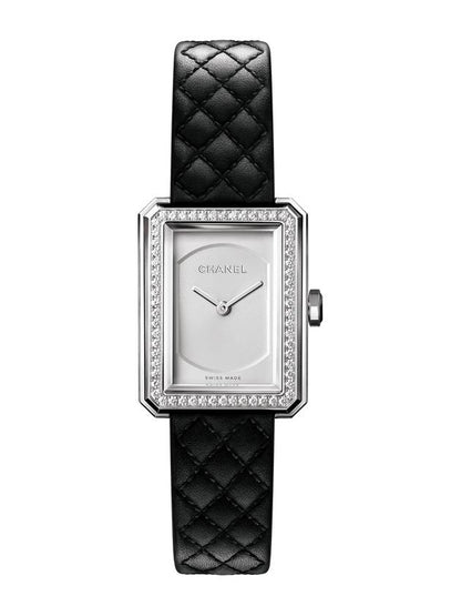 Boyfriend Calfskin Quilted Pattern Strap Small Watch Silver Black Chanel