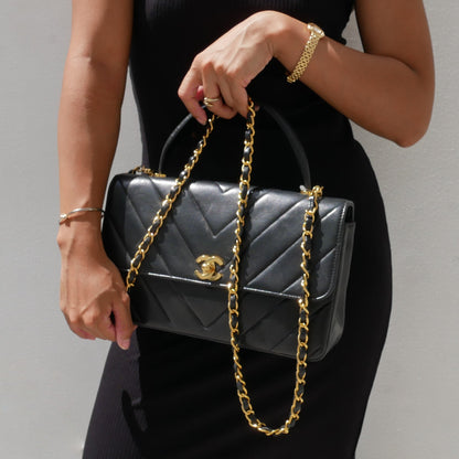 CHANEL Black Lambskin Chevron Top Handle Bag 72823