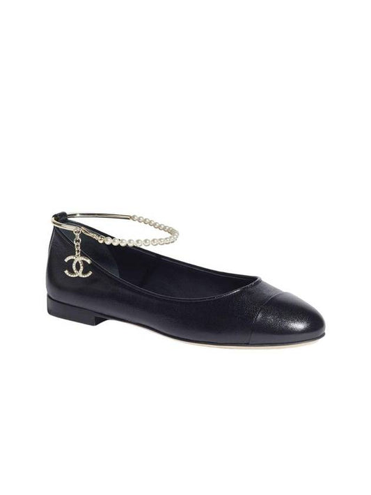 Ballerina Flat Shiny Lambskin Metal Imitation Pearls & Black Chanel